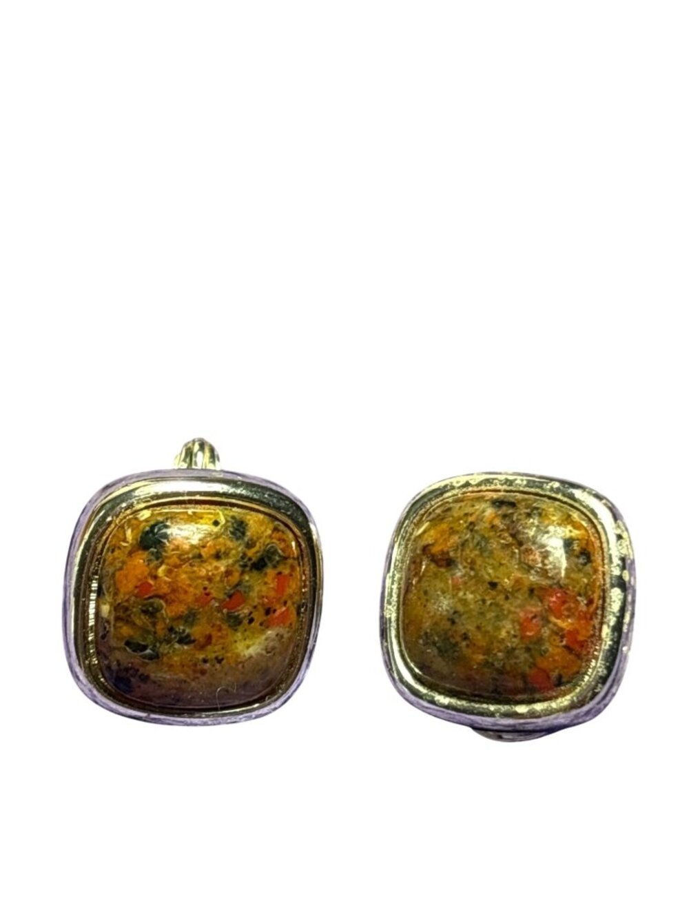 Vintage Monet Clip On Earrings Square Speckled Faux Stone Cabochon Silvertone